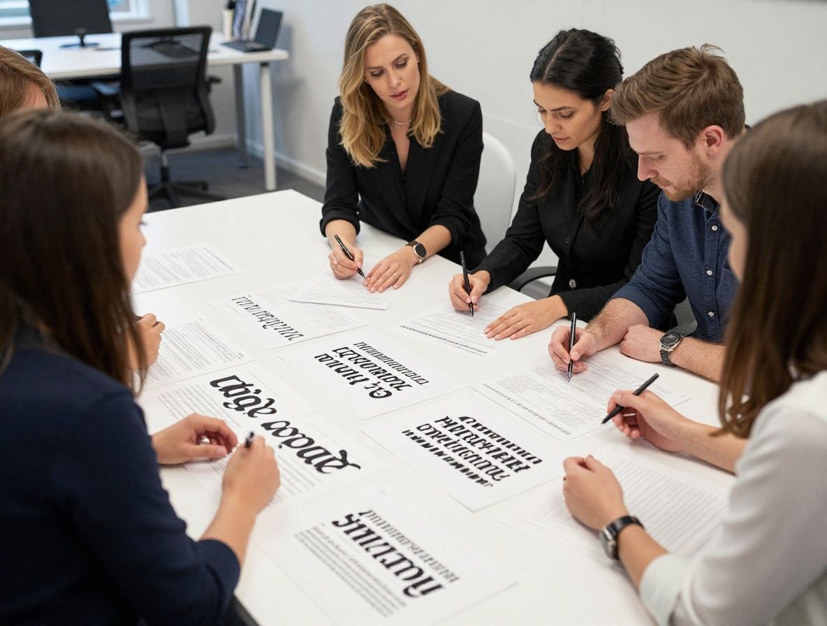 Команда дизайнеров в светлом просторном офисе обсуждает типографические макеты, разложенные на большом белом столе с эскизами и распечатанными образцами шрифтов