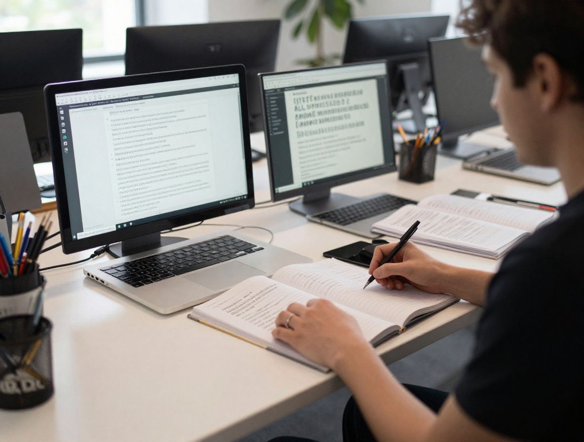 Профессиональное дизайнерское рабочее место с макбуком, открытыми руководствами по типографике и инструментами для работы со шрифтами, освещённое естественным светом